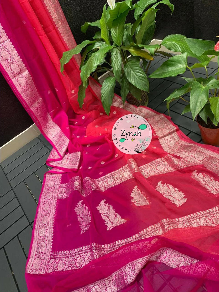 Zynah Pure Banarasi Handloom Khaddi Georgette Double-shaded Saree with Zari Weave; Custom Stitched/Ready-made Blouse, Fall, Petticoat; Shipping available USA, Worldwide