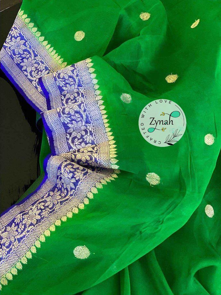 Zynah Pure Banarasi Handloom Khaddi Georgette Saree with Zari Weave; Custom Stitched/Ready-made Blouse, Fall, Petticoat; Shipping available USA, Worldwide