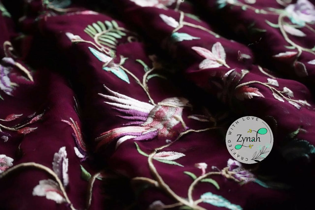 Zynah Pure Georgette Saree with Parsi Gara Inspired Embroidery; Custom Stitched/Ready-made Blouse, Fall, Petticoat; Shipping available USA, Worldwide