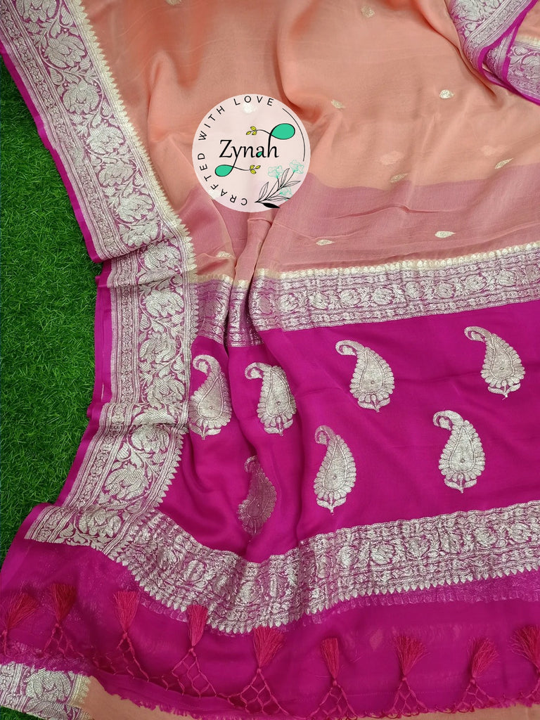 Zynah Pure Banarasi Handloom Khaddi Georgette Saree with Zari Weave; Custom Stitched/Ready-made Blouse, Fall, Petticoat; Shipping available USA, Worldwide