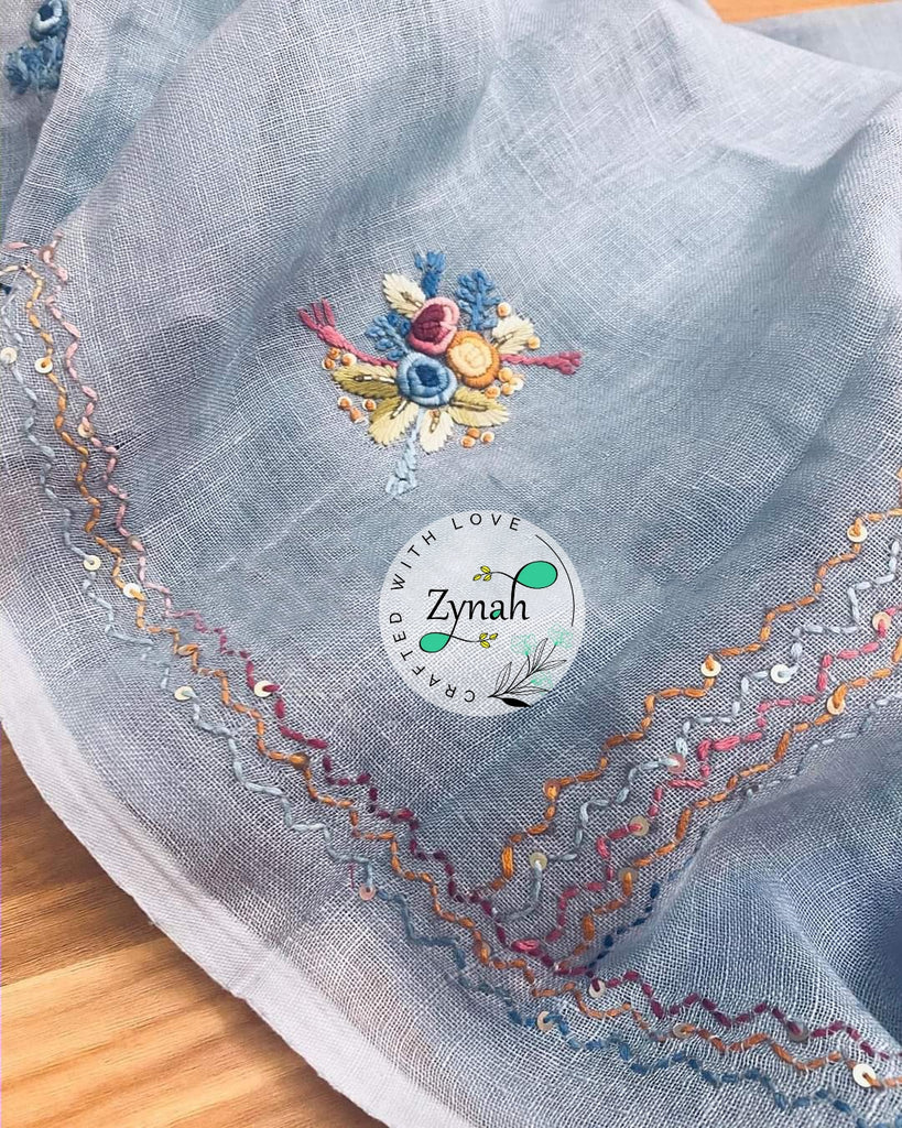 Zynah Pure Linen(120c) Handcrafted Saree with French Knot Hand Embroidery; Custom Stitched/Ready-made Blouse, Fall, Petticoat; Shipping available USA, Worldwide