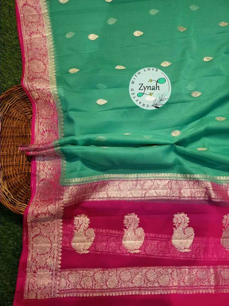 Zynah Pure Banarasi Handloom Khaddi Georgette Saree with Zari Weave; Custom Stitched/Ready-made Blouse, Fall, Petticoat; Shipping available USA, Worldwide