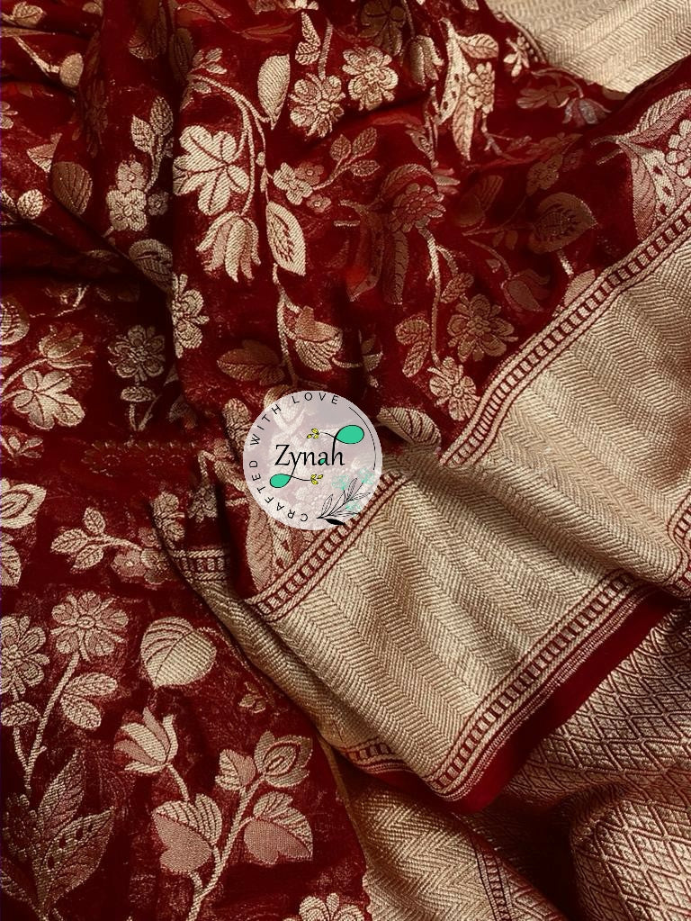 Zynah Pure Khaddi Georgette Saree with Floral Jaal; Custom Stitched/Ready-made Blouse, Fall, Petticoat; Shipping available USA, Worldwide