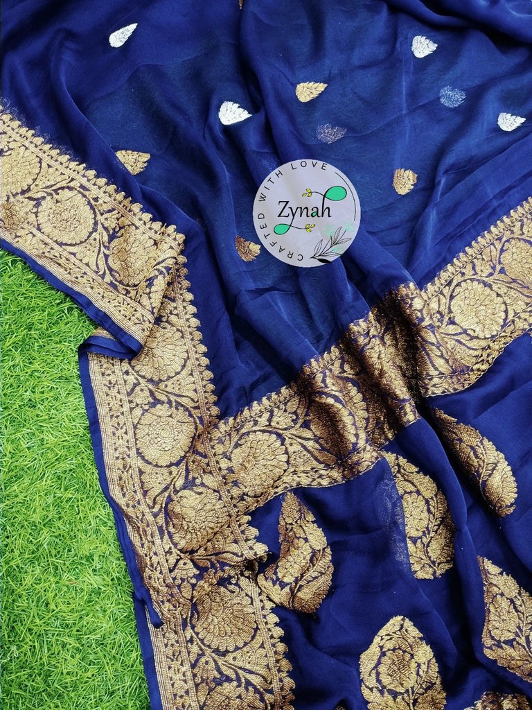 Zynah Pure Banarasi Handloom Khaddi Georgette Saree with Golden Zari Border & Butis; Custom Stitched/Ready-made Blouse, Fall, Petticoat; Shipping available USA, Worldwide