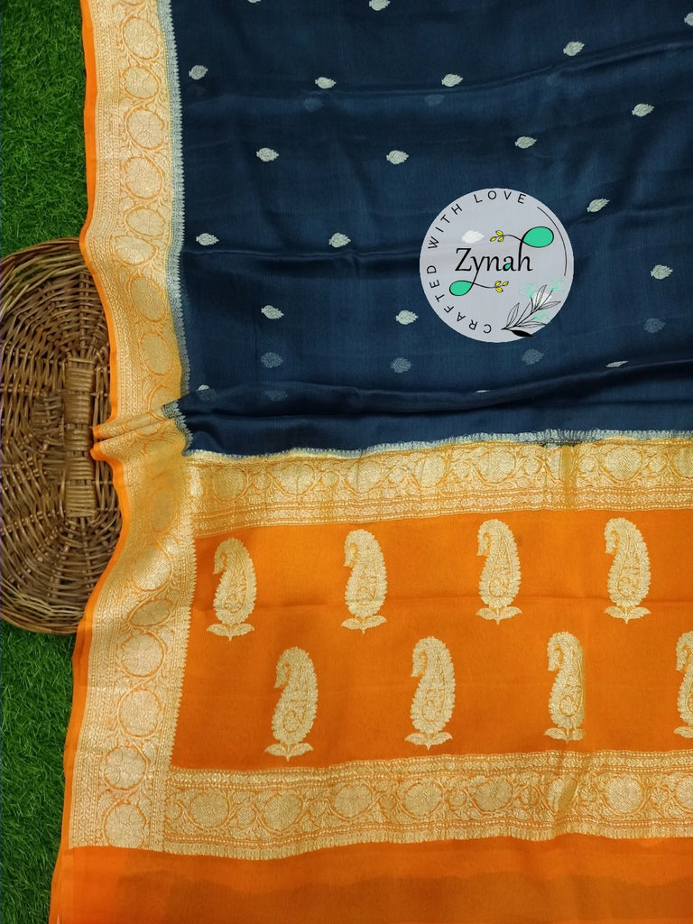 Zynah Pure Banarasi Handloom Khaddi Georgette Saree with Zari Weave; Custom Stitched/Ready-made Blouse, Fall, Petticoat; Shipping available USA, Worldwide