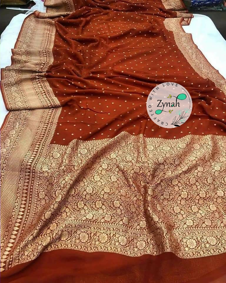 Zynah Pure Khaddi Georgette Saree with Golden Zari Weave; Custom Stitched/Ready-made Blouse, Fall, Petticoat; Shipping available USA, Worldwide