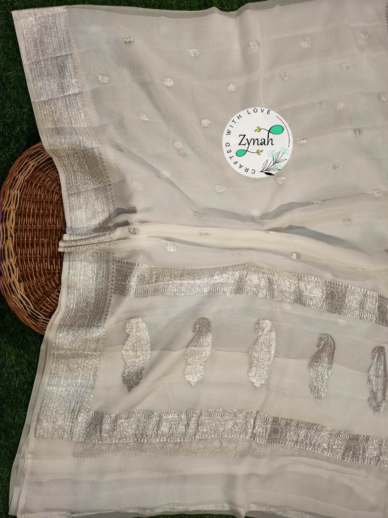 Zynah Pure Banarasi Handloom Khaddi Georgette Saree with Zari Border & Butis; Custom Stitched/Ready-made Blouse, Fall, Petticoat; Shipping available USA, Worldwide