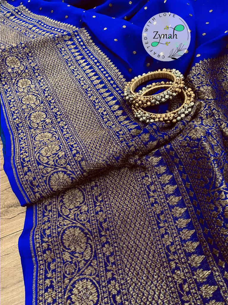 Zynah Pure Khaddi Georgette Saree with Golden Zari Weave; Custom Stitched/Ready-made Blouse, Fall, Petticoat; Shipping available USA, Worldwide