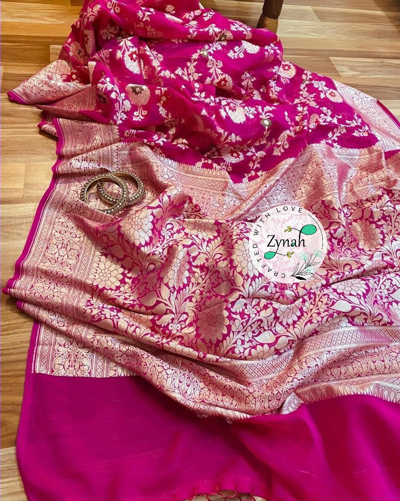 Zynah Pink Color Pure Khaddi Georgette Banarasi Saree with Golden Zari & Meenakari Weaved Motifs; Custom Stitched/Ready-made Blouse, Fall, Petticoat; Shipping available USA, Worldwide