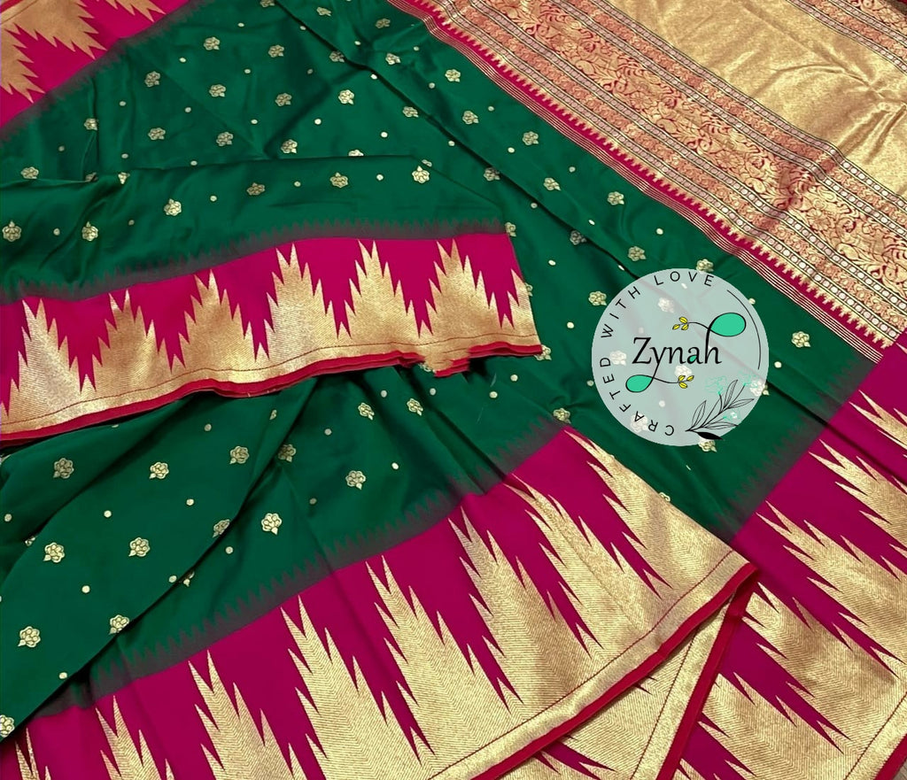 Zynah Pure Banarasi Soft Silk Saree with Temple Design Border; Custom Stitched/Ready-made Blouse, Fall, Petticoat; Shipping available USA, Worldwide