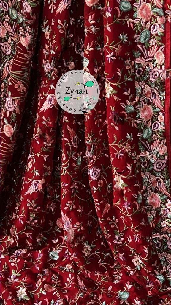 Zynah Pure Georgette Parsi Gara Inspired Embroidery Saree; Custom Stitched/Ready-made Blouse, Fall, Petticoat; Shipping available USA, Worldwide