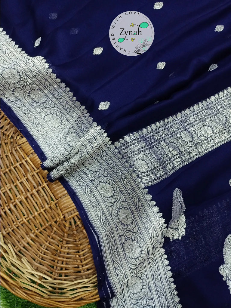 Zynah Pure Banarasi Handloom Khaddi Georgette Saree with Zari Border & Butis; Custom Stitched/Ready-made Blouse, Fall, Petticoat; Shipping available USA, Worldwide