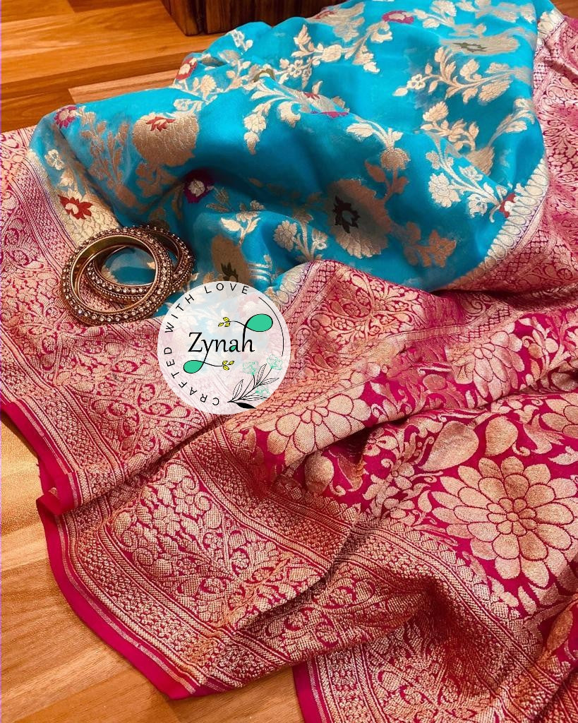 Zynah Blue Color Pure Khaddi Georgette Banarasi Saree with Golden Zari & Meenakari Weaved Motifs; Custom Stitched/Ready-made Blouse, Fall, Petticoat; Shipping available USA, Worldwide