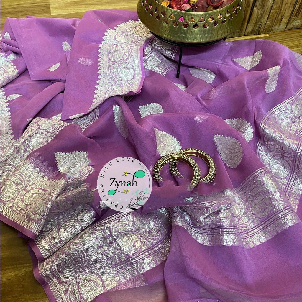 Zynah Pure Banarasi Handloom Khaddi Georgette Saree with Zari Border & Butis; Custom Stitched/Ready-made Blouse, Fall, Petticoat; Shipping available USA, Worldwide