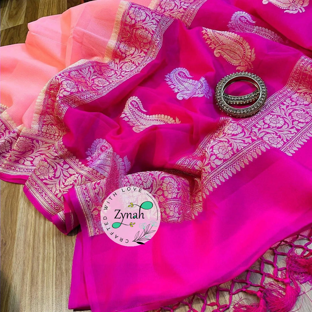 Zynah Pure Banarasi Handloom Khaddi Georgette Saree with Zari Weave; Custom Stitched/Ready-made Blouse, Fall, Petticoat; Shipping available USA, Worldwide
