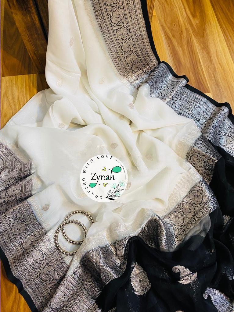 Zynah White & Black Color Pure Banarasi Handloom Khaddi Georgette Saree with Zari Border & Butis; Custom Stitched/Ready-made Blouse, Fall, Petticoat; Shipping available USA, Worldwide
