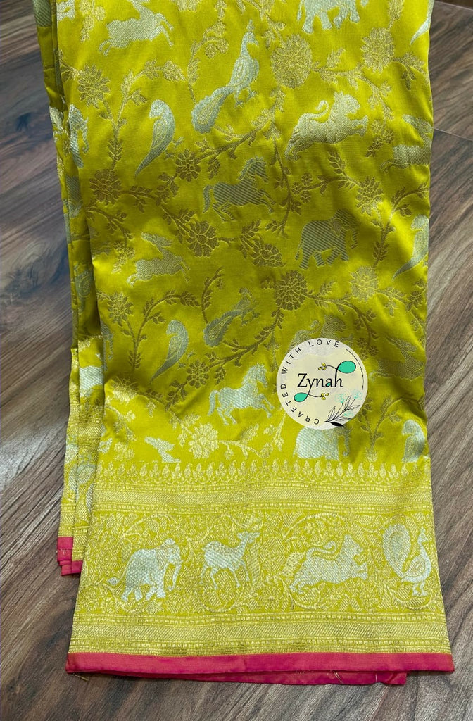 Zynah Pure Banarasi Soft Silk Saree with Shikargah Design; Custom Stitched/Ready-made Blouse, Fall, Petticoat; Shipping available USA, Worldwide
