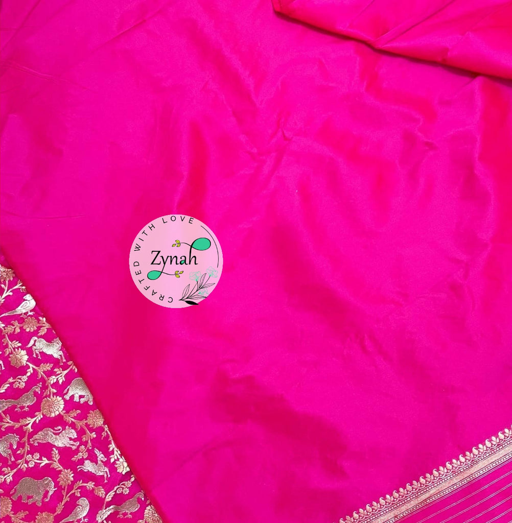 Zynah Pure Banarasi Soft Silk Saree with Shikargah Design; Custom Stitched/Ready-made Blouse, Fall, Petticoat; Shipping available USA, Worldwide