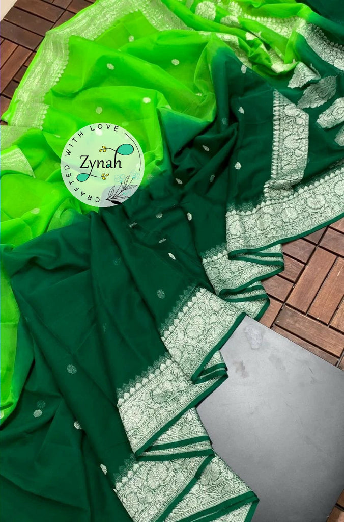 Zynah Pure Banarasi Handloom Khaddi Georgette Double-shaded Saree with Zari Weave; Custom Stitched/Ready-made Blouse, Fall, Petticoat; Shipping available USA, Worldwide
