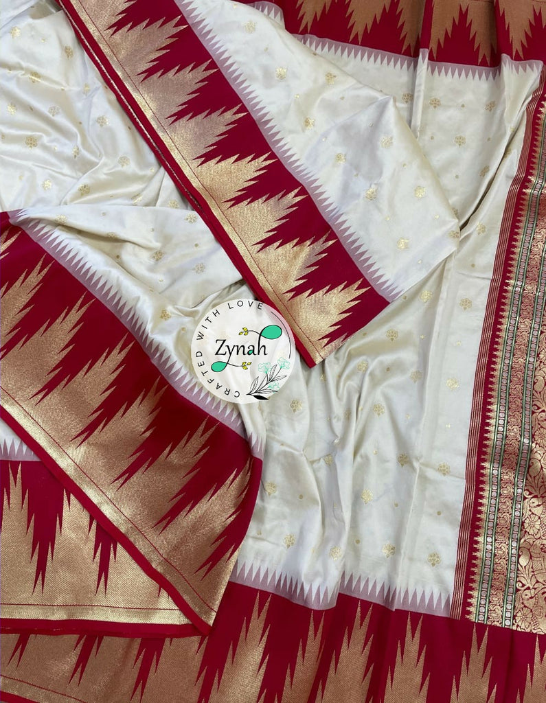 Zynah Pure Banarasi Soft Silk Saree with Temple Design Border; Custom Stitched/Ready-made Blouse, Fall, Petticoat; Shipping available USA, Worldwide