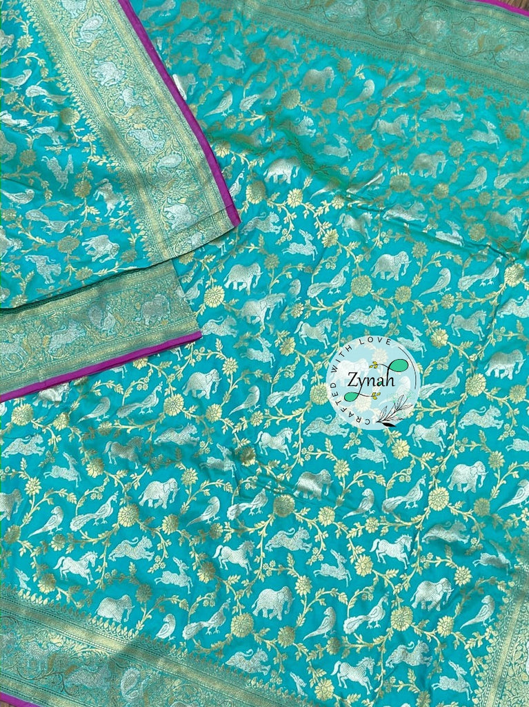 Zynah Pure Banarasi Soft Silk Saree with Shikargah Design; Custom Stitched/Ready-made Blouse, Fall, Petticoat; Shipping available USA, Worldwide