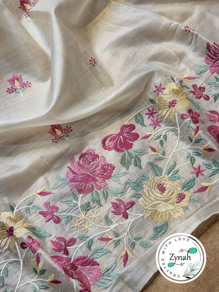 Zynah Off-White Color Pure Tussar Silk Embroidered Saree with Vibrant Tassels; Custom Stitched/Ready-made Blouse, Fall, Petticoat; Shipping available USA, Worldwide