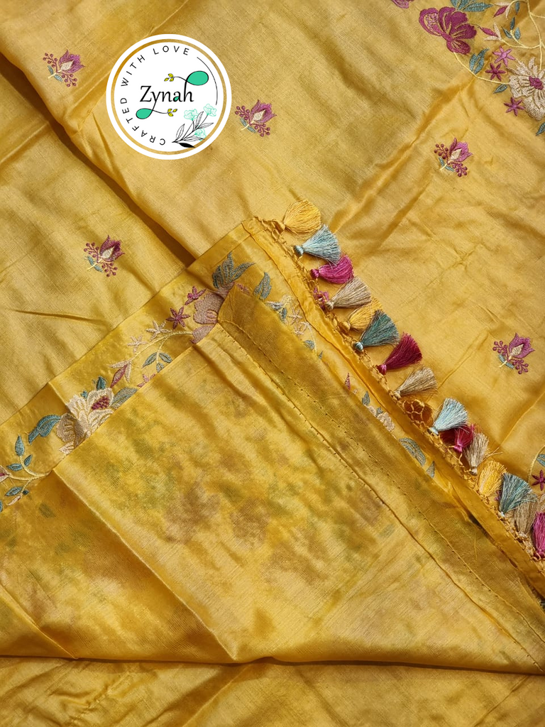 Zynah Yellow Color Pure Tussar Silk Embroidered Saree with Vibrant Tassels; Custom Stitched/Ready-made Blouse, Fall, Petticoat; Shipping available USA, Worldwide