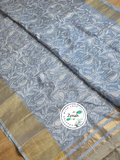 Zynah Blue Color Pure Tussar Kota Silk Saree with Heavy Chikankari Embroidery With Double Ghiccha Pallu and Heavy Tassels; Custom Stitched/Ready-made Blouse, Fall, Petticoat; Shipping available USA, Worldwide