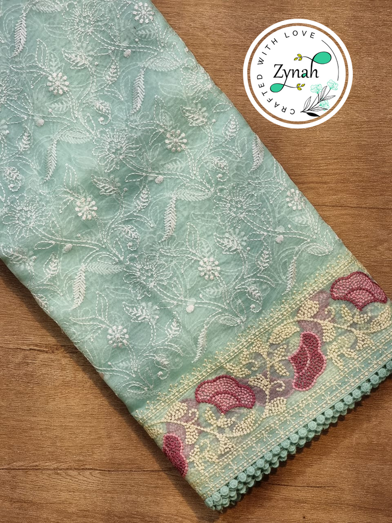 Zynah Teal Color Pure Organza Silk Chikankari  Embroidery Saree with Crochet Lace  in Pastel Shades; Available in many colors; stitched readymade blouse,fall,petticoat,available in USA