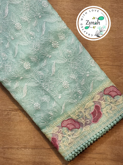 Zynah Teal Color Pure Organza Silk Chikankari  Embroidery Saree with Crochet Lace  in Pastel Shades; Available in many colors; stitched readymade blouse,fall,petticoat,available in USA
