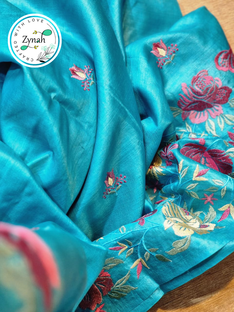Zynah Blue Color Pure Tussar Silk Embroidered Saree with Vibrant Tassels; Custom Stitched/Ready-made Blouse, Fall, Petticoat; Shipping available USA, Worldwide