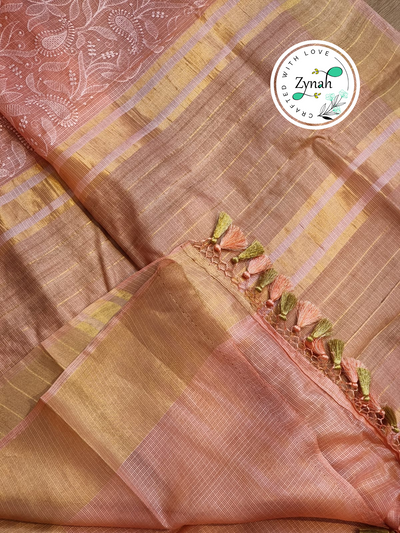 Zynah Peach Color Pure Tussar Kota Silk Saree with Heavy Chikankari Embroidery With Double Ghiccha Pallu and Heavy Tassels; Custom Stitched/Ready-made Blouse, Fall, Petticoat; Shipping available USA, Worldwide