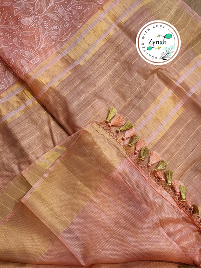Zynah Peach Color Pure Tussar Kota Silk Saree with Heavy Chikankari Embroidery With Double Ghiccha Pallu and Heavy Tassels; Custom Stitched/Ready-made Blouse, Fall, Petticoat; Shipping available USA, Worldwide Zynah Peach Color Pure Tussar Kota Silk Saree with Heavy Chikankari Embroidery With Double Ghiccha Pallu and Heavy Tassels; Custom Stitched/Ready-made Blouse, Fall, Petticoat; Shipping available USA, Worldwide