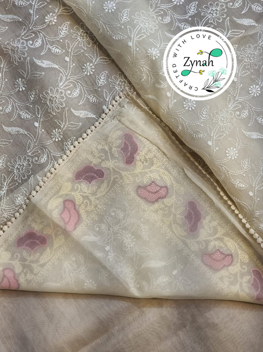 Zynah Off-White Color Pure Organza Silk Chikankari Embroidery Saree with Crochet Lace in Pastel Shades; Available in many colors; stitched readymade blouse,fall,petticoat,available in USA