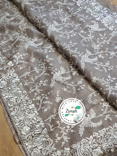 Zynah Gray Color Pure Organza Silk Saree with Parsi Gara Inspired Embroidery & Crochet Lace; Custom Stitched/Ready-made Blouse, Fall, Petticoat; Shipping available USA, Worldwide
