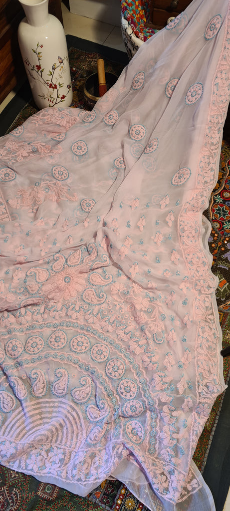 Zynah Powder Pink Georgette Lucknowi Hand embroidered Chikankari Saree; Custom Stitched/Ready-made Blouse, Fall, Petticoat; Shipping available USA, Worldwide