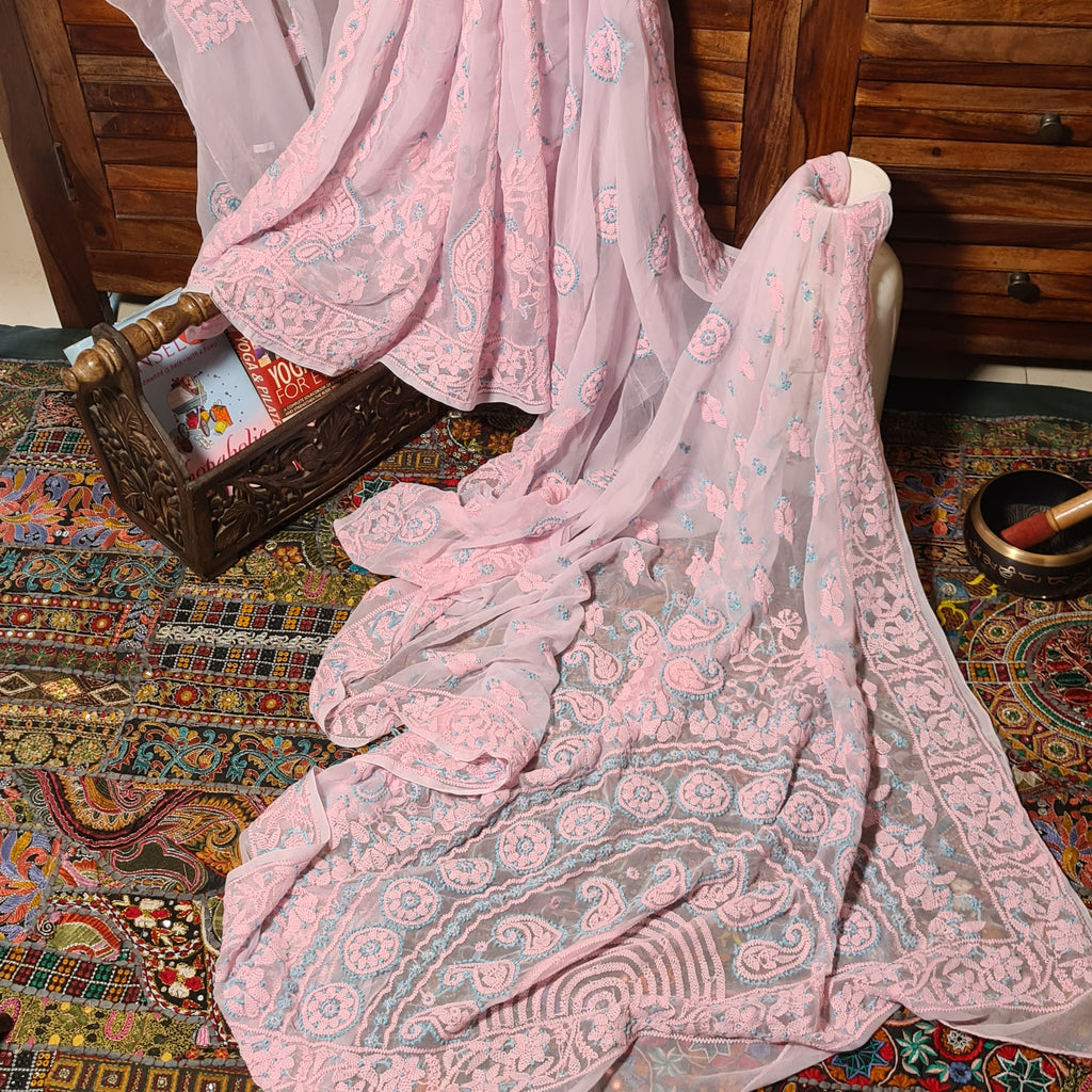 Zynah Powder Pink Georgette Lucknowi Hand embroidered Chikankari Saree; Custom Stitched/Ready-made Blouse, Fall, Petticoat; Shipping available USA, Worldwide