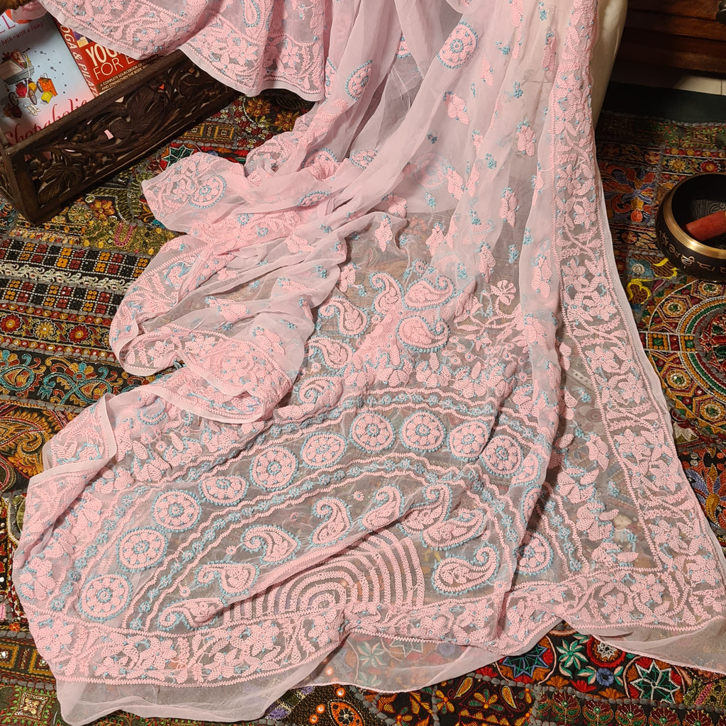Zynah Powder Pink Georgette Lucknowi Hand embroidered Chikankari Saree; Custom Stitched/Ready-made Blouse, Fall, Petticoat; Shipping available USA, Worldwide