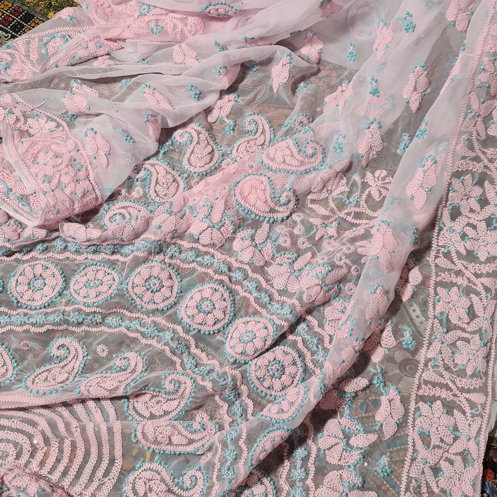 Zynah Powder Pink Georgette Lucknowi Hand embroidered Chikankari Saree; Custom Stitched/Ready-made Blouse, Fall, Petticoat; Shipping available USA, Worldwide
