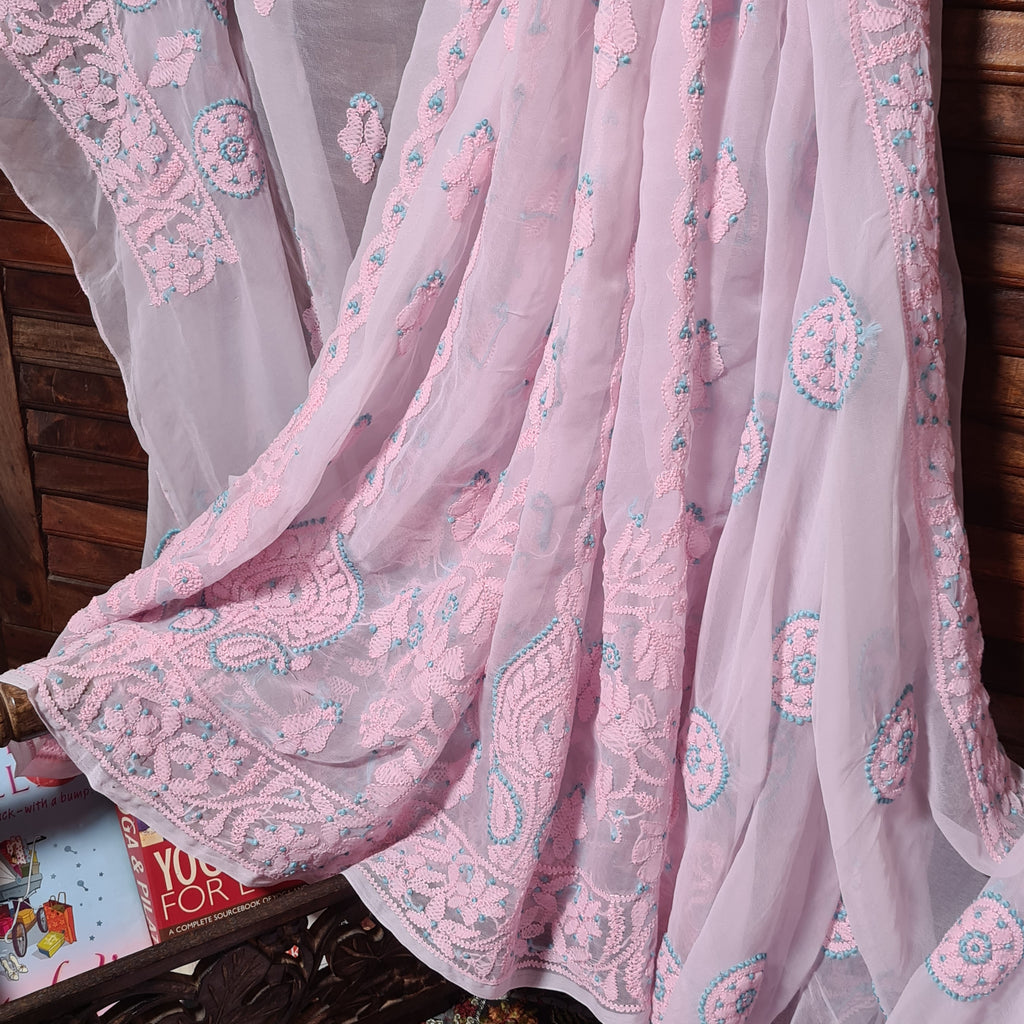 Zynah Powder Pink Georgette Lucknowi Hand embroidered Chikankari Saree; Custom Stitched/Ready-made Blouse, Fall, Petticoat; Shipping available USA, Worldwide