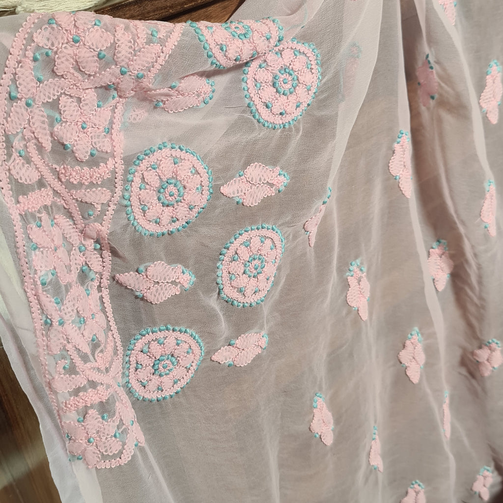 Zynah Powder Pink Georgette Lucknowi Hand embroidered Chikankari Saree; Custom Stitched/Ready-made Blouse, Fall, Petticoat; Shipping available USA, Worldwide