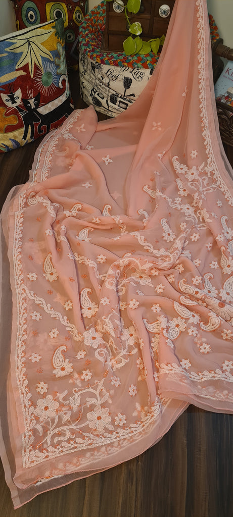 Zynah Peach color Georgette Lucknowi Hand embroidered Chikankari Saree; Custom Stitched/Ready-made Blouse, Fall, Petticoat; Shipping available USA, Worldwide