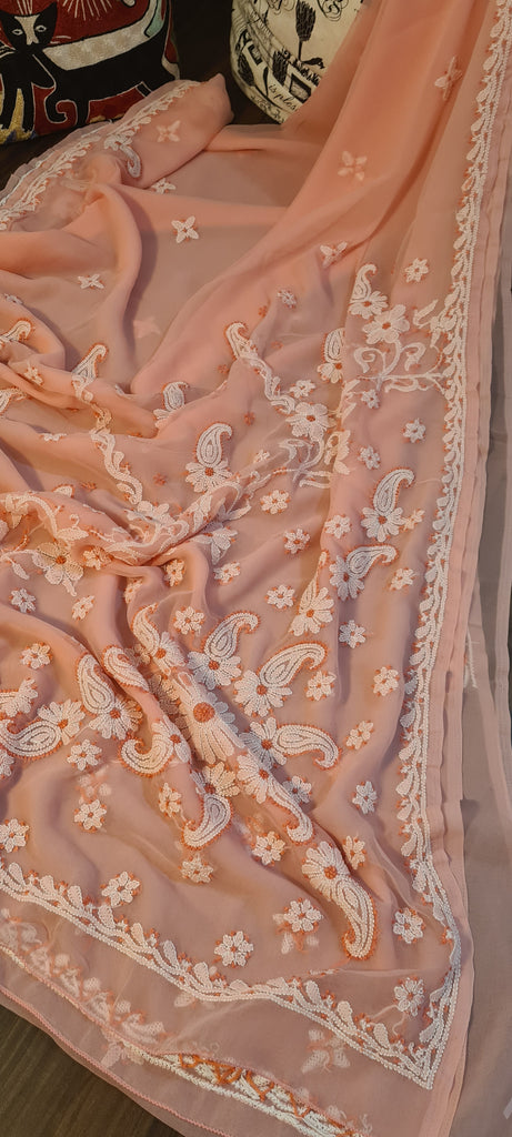 Zynah Peach color Georgette Lucknowi Hand embroidered Chikankari Saree; Custom Stitched/Ready-made Blouse, Fall, Petticoat; Shipping available USA, Worldwide