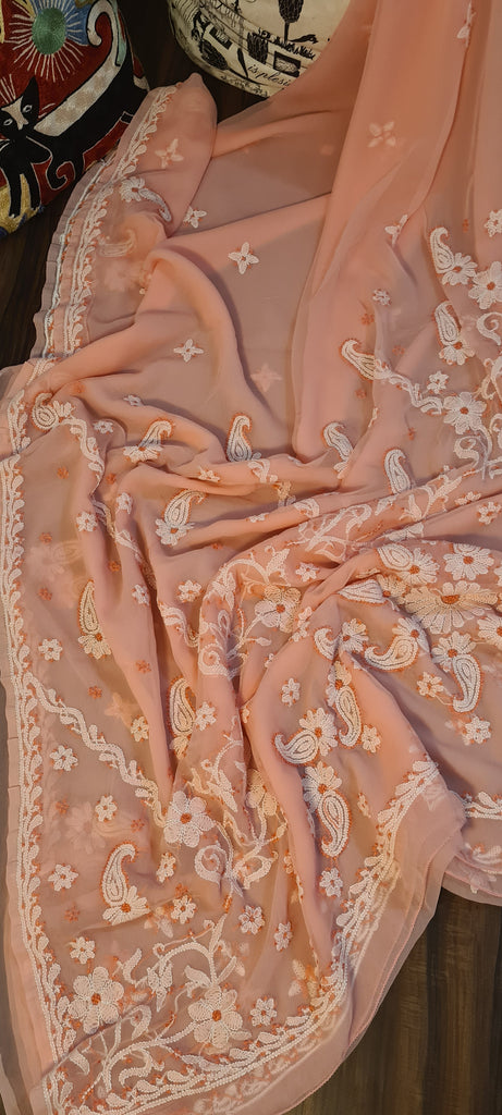 Zynah Peach color Georgette Lucknowi Hand embroidered Chikankari Saree; Custom Stitched/Ready-made Blouse, Fall, Petticoat; Shipping available USA, Worldwide