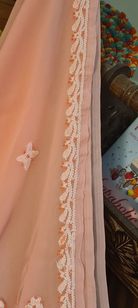 Zynah Peach color Georgette Lucknowi Hand embroidered Chikankari Saree; Custom Stitched/Ready-made Blouse, Fall, Petticoat; Shipping available USA, Worldwide