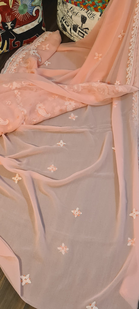 Zynah Peach color Georgette Lucknowi Hand embroidered Chikankari Saree; Custom Stitched/Ready-made Blouse, Fall, Petticoat; Shipping available USA, Worldwide
