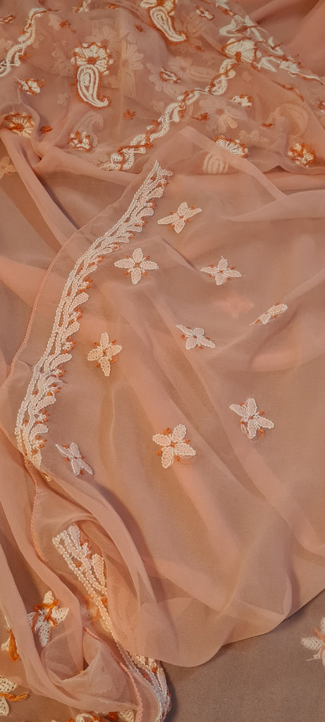 Zynah Peach color Georgette Lucknowi Hand embroidered Chikankari Saree; Custom Stitched/Ready-made Blouse, Fall, Petticoat; Shipping available USA, Worldwide