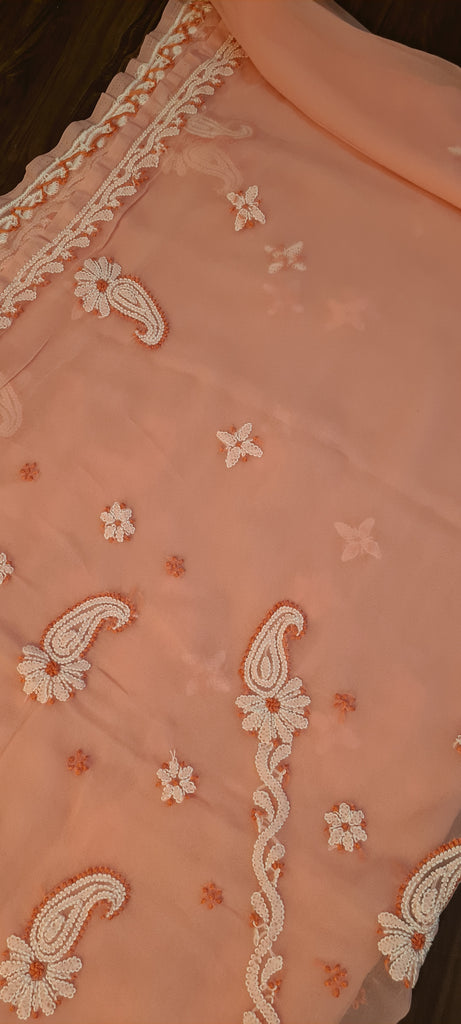 Zynah Peach color Georgette Lucknowi Hand embroidered Chikankari Saree; Custom Stitched/Ready-made Blouse, Fall, Petticoat; Shipping available USA, Worldwide