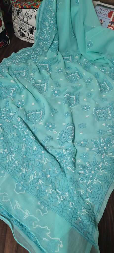 Zynah Teal green colored Georgette Lucknowi Hand embroidered Chikankari Saree; Custom stitched/ readymade blouse,fall,petticoat,available in USA