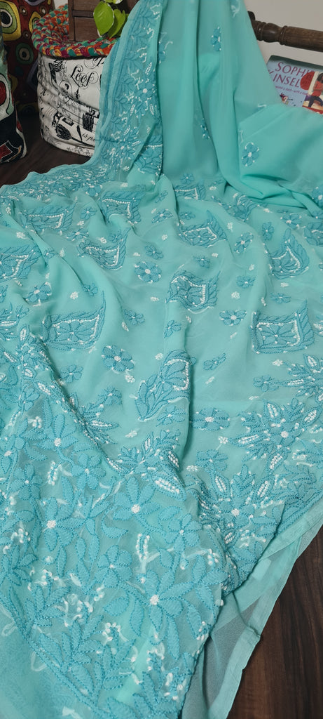 Zynah Teal green colored Georgette Lucknowi Hand embroidered Chikankari Saree; Custom stitched/ readymade blouse,fall,petticoat,available in USA